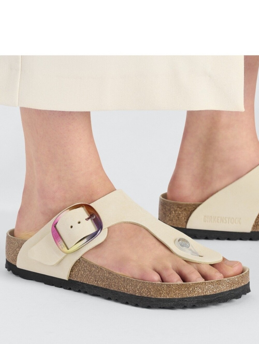 Birkenstock Gizeh Thong Sandal in Cream with Iridescent Buckle, Size 39 Regular